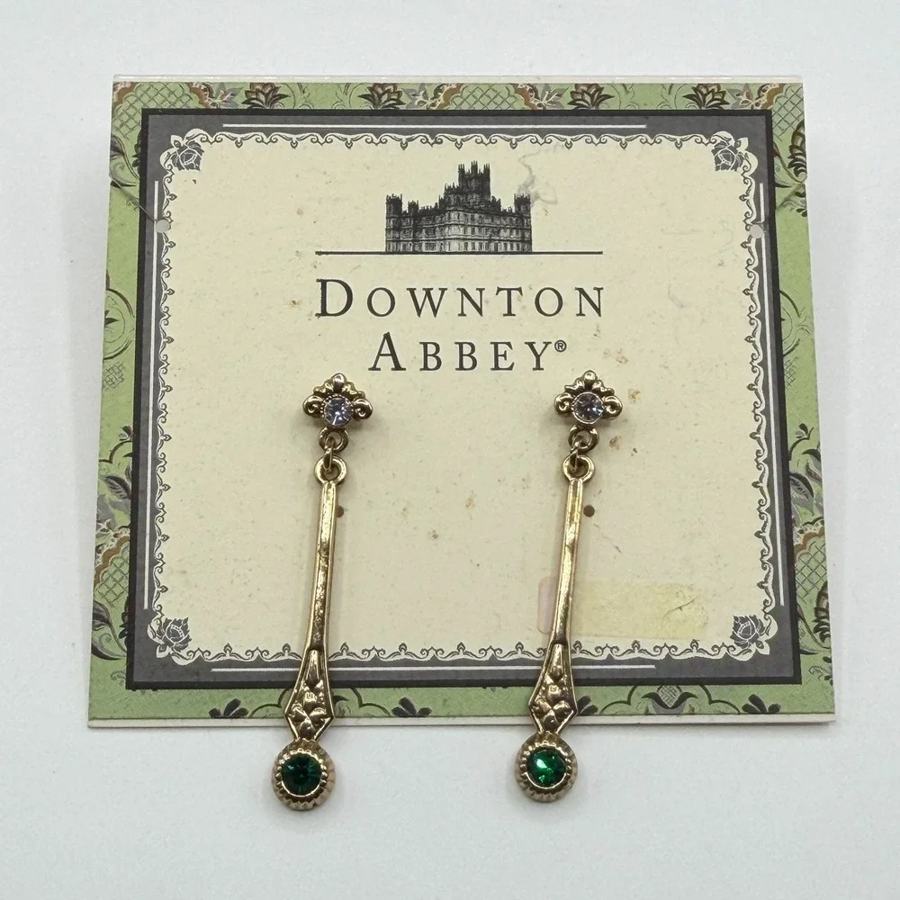 Downton Abbey Gold Tone Green Crystal Art Deco Drop Dangle Earrings Costume
